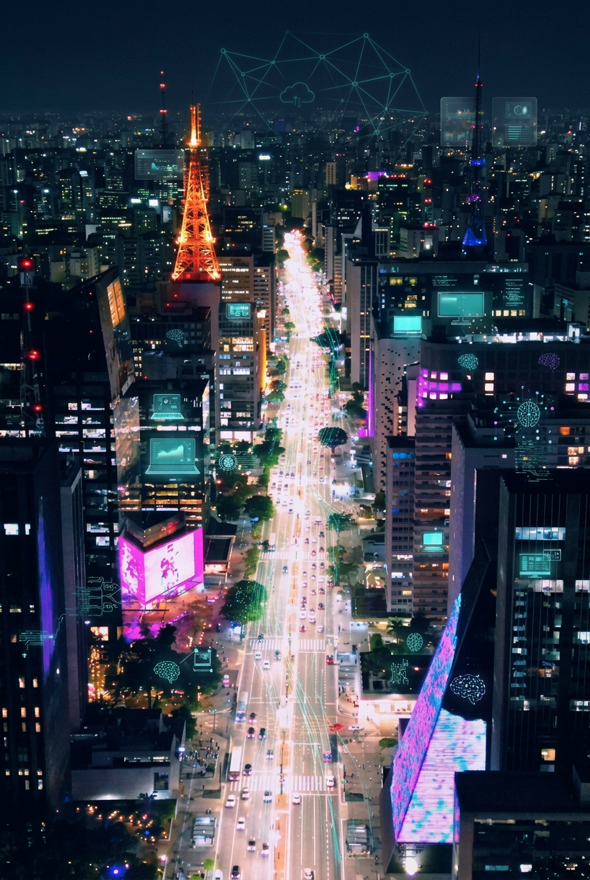 Avenida Paulista à noite com camada digital de dados, nuvem, IA e conectividade representando transformação tecnológica
